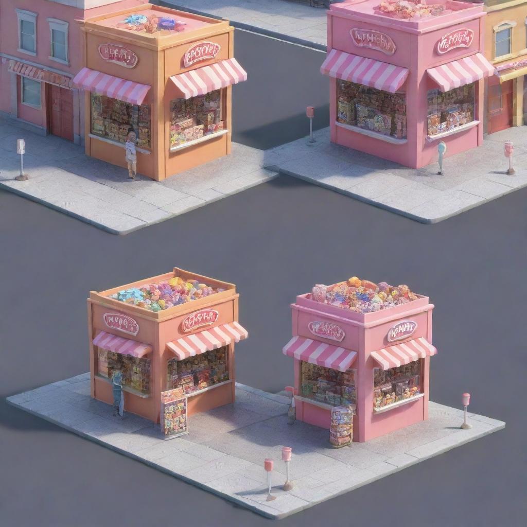 Generate a 3D cartoon-style image featuring two candy store kiosks, each with two men and a box, separated by a street with a truck in the middle.