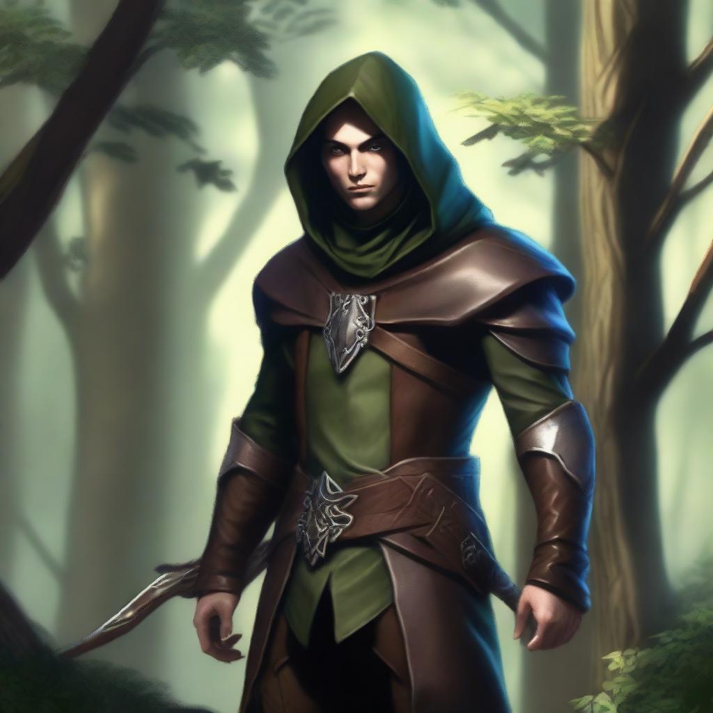 A forest elf rogue standing stealthily among dense trees