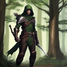 A forest elf rogue standing stealthily among dense trees