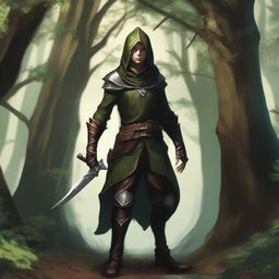 A forest elf rogue standing stealthily among dense trees