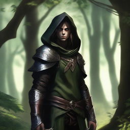 A forest elf rogue standing stealthily among dense trees