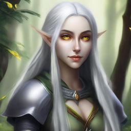 A forest female elf rogue with yellow eyes, long silver hair, and an oval face