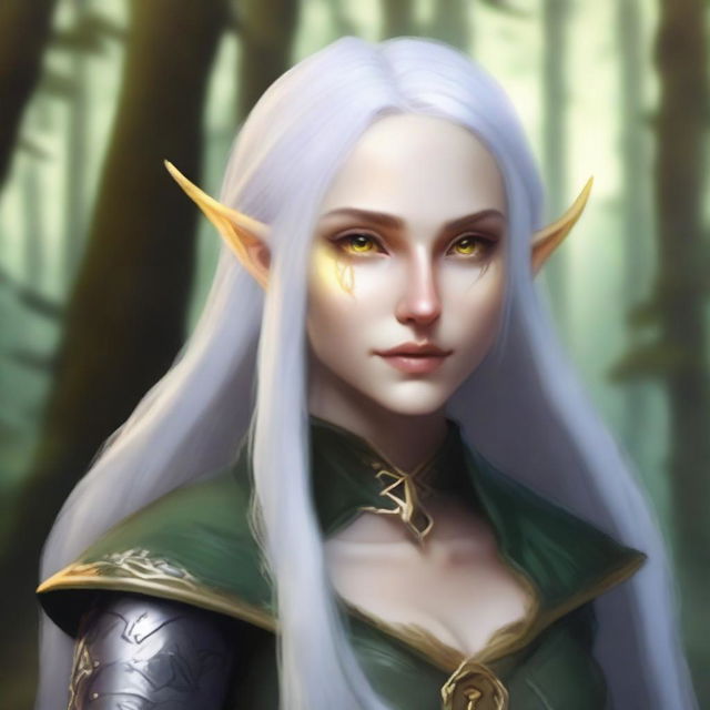 A forest female elf rogue with yellow eyes, long silver hair, and an oval face