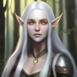 A forest female elf rogue with yellow eyes, long silver hair, and an oval face