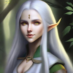 A forest female elf rogue with yellow eyes, long silver hair, and an oval face