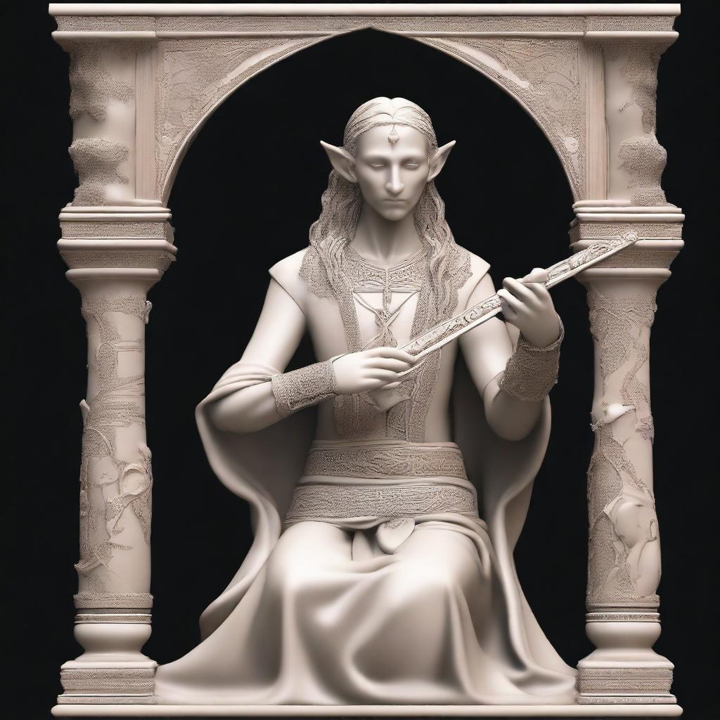 Create an image of an Elvish bard playing a flute made entirely out of a giant bone