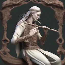 Create an image of an Elvish bard playing a flute made entirely out of a giant bone