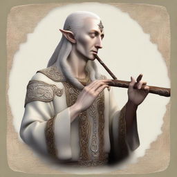 Create an image of an Elvish bard playing a flute made entirely out of a giant bone