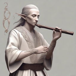 Create an image of an Elvish bard playing a flute made entirely out of a giant bone