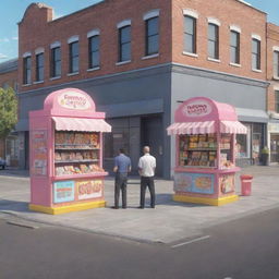 Create a 3D cartoon-style image with two candy store kiosks, each manned by two men and a box, separated by a street with a mail van in the middle.