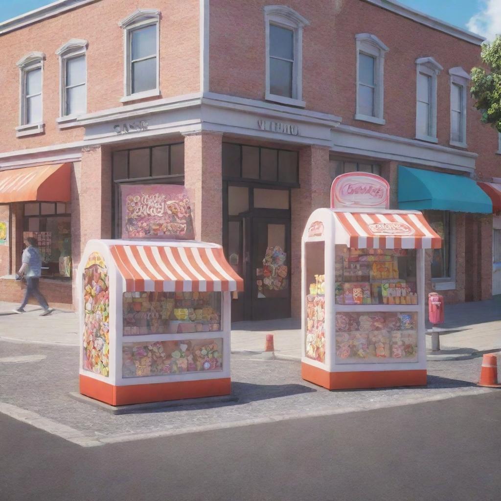 Create a 3D cartoon-style image with two candy store kiosks, each manned by two men and a box, separated by a street with a mail van in the middle.