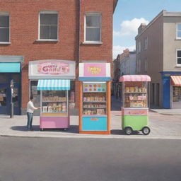 Create a 3D cartoon-style image with two candy store kiosks, each manned by two men and a box, separated by a street with a mail van in the middle.