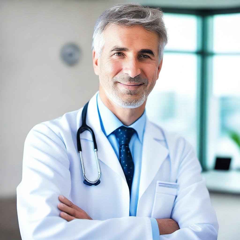 A professional doctor wearing a white lab coat and a stethoscope around their neck, standing in a modern medical office