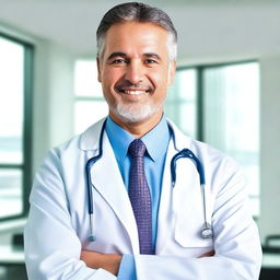 A professional doctor wearing a white lab coat and a stethoscope around their neck, standing in a modern medical office