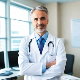 A professional doctor wearing a white lab coat and a stethoscope around their neck, standing in a modern medical office