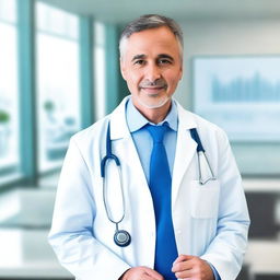 A professional doctor wearing a white lab coat and a stethoscope around their neck, standing in a modern medical office