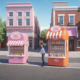 Create a 3D cartoon-style image with two candy store kiosks, each manned by two men and a box, separated by a street with a mail van in the middle.