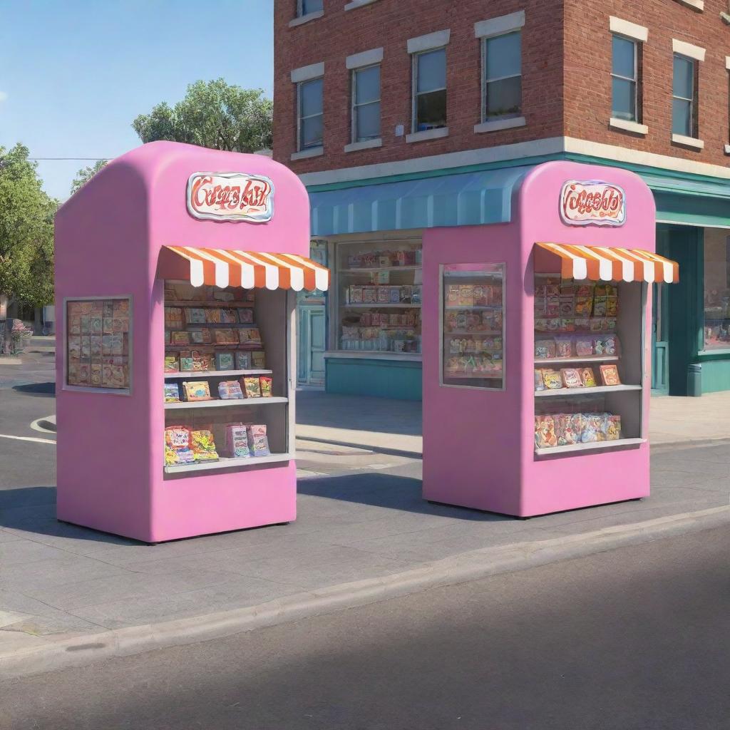 Develop a 3D cartoon-style image of two candy store kiosks, one farther away than the other, both manned by two men with a box, separated by a street with a mail van in the middle.