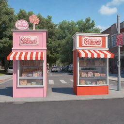 Develop a 3D cartoon-style image of two candy store kiosks, one farther away than the other, both manned by two men with a box, separated by a street with a mail van in the middle.