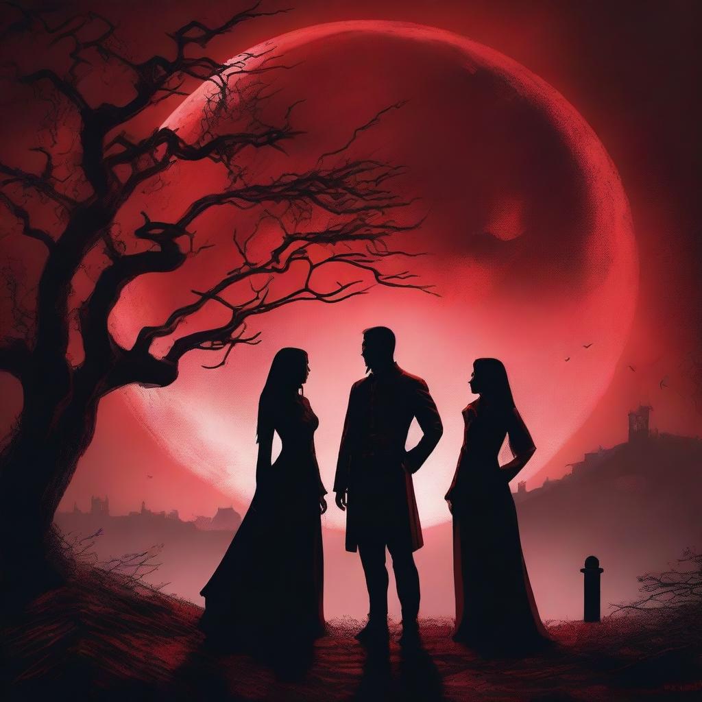 A dramatic scene titled 'Under a Blood Moon's Deception' featuring two women and one man