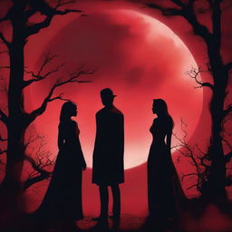 A dramatic scene titled 'Under a Blood Moon's Deception' featuring two women and one man