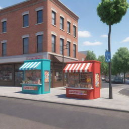 Develop a 3D cartoon-style image of two candy store kiosks, one farther away than the other, both manned by two men with a box, separated by a street with a mail van in the middle.