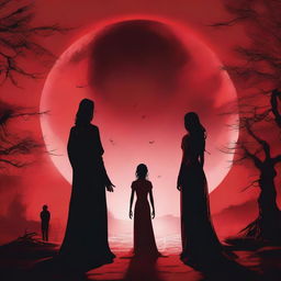 A dramatic scene titled 'Under a Blood Moon's Deception' featuring two women and one man