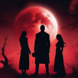 A dramatic scene titled 'Under a Blood Moon's Deception' featuring two women and one man