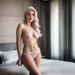 A European woman with sandal-colored hair modeling revealing lingerie