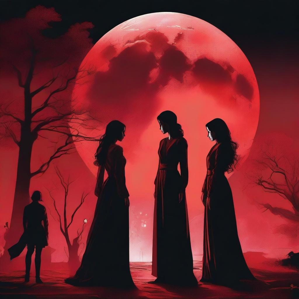 A dramatic scene titled 'Under a Blood Moon's Deception' featuring two women and one man with clear, detailed faces