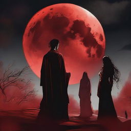 A dramatic scene titled 'Under a Blood Moon's Deception' featuring two women and one man with clear, detailed faces