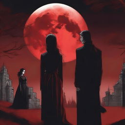 A dramatic scene titled 'Under a Blood Moon's Deception' featuring two women and one man with clear, detailed faces