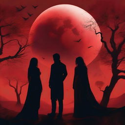 A dramatic scene titled 'Under a Blood Moon's Deception' featuring two women and one man with clear, detailed faces