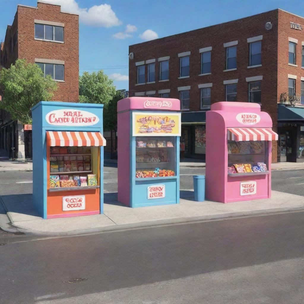 Develop a 3D cartoon-style image of two candy store kiosks, one farther away than the other, both manned by two men with a box, separated by a street with a mail van in the middle.