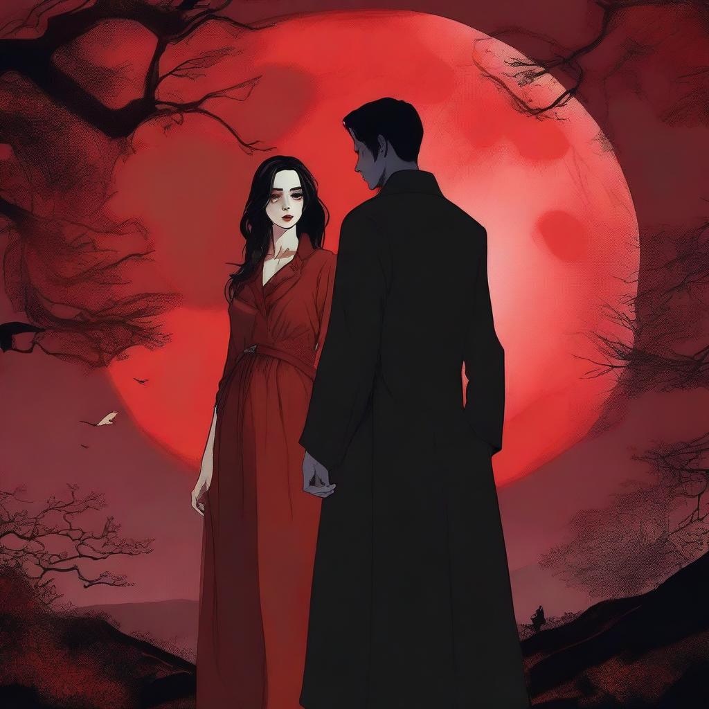 A dramatic scene titled 'Under a Blood Moon's Deception' featuring two women and one man with natural, human faces