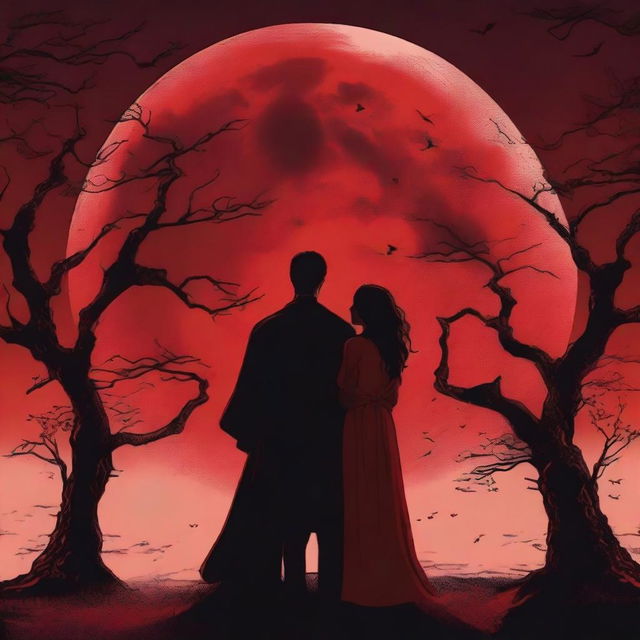 A dramatic scene titled 'Under a Blood Moon's Deception' featuring two women and one man with natural, human faces