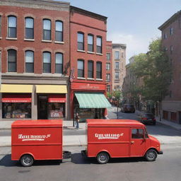 Modify the 3D cartoon-style image, replacing the mail van in the middle of the street with a red mail truck. Retain the two candy store kiosks, one farther than the other, both manned by two men with a box.