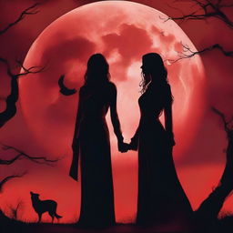 A dramatic scene titled 'Under a Blood Moon's Deception' featuring two women and one man with natural, human faces