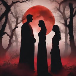 A dramatic scene titled 'Under a Blood Moon's Deception' featuring two women and one man with natural, human faces