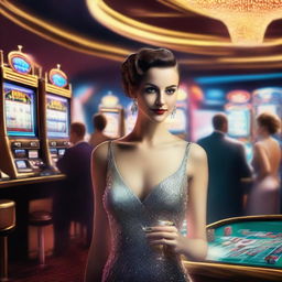 A glamorous woman dressed in an elegant evening gown standing in a bustling casino