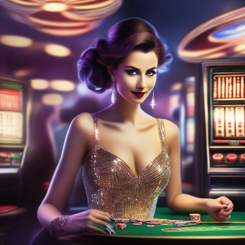 A glamorous woman dressed in an elegant evening gown standing in a bustling casino