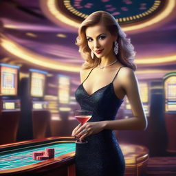 A glamorous woman dressed in an elegant evening gown standing in a bustling casino