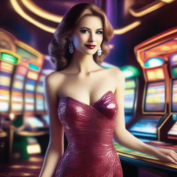 A glamorous woman dressed in an elegant evening gown standing in a bustling casino