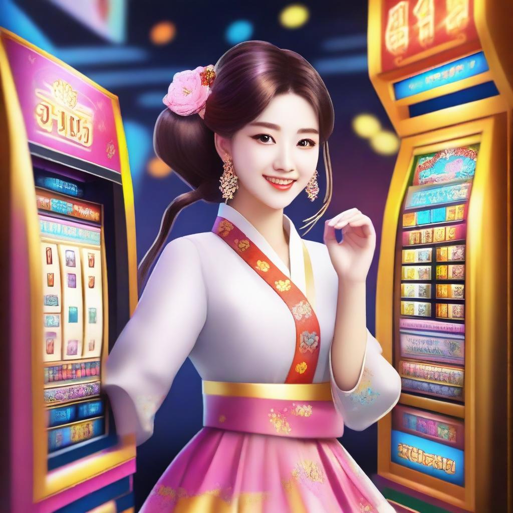 A Korean girl dressed in traditional hanbok attire standing in front of a colorful slot machine