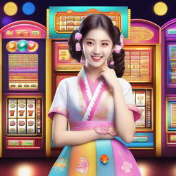 A Korean girl dressed in traditional hanbok attire standing in front of a colorful slot machine