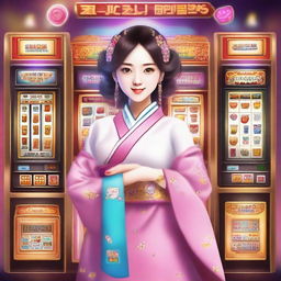 A Korean girl dressed in traditional hanbok attire standing in front of a colorful slot machine