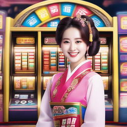 A Korean girl dressed in traditional hanbok attire standing in front of a colorful slot machine