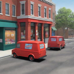 Modify the 3D cartoon-style image, replacing the mail van in the middle of the street with a red mail truck. Retain the two candy store kiosks, one farther than the other, both manned by two men with a box.