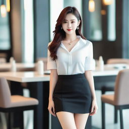 A beautiful Korean woman with a confident and alluring expression, wearing a skirt that reveals her panties