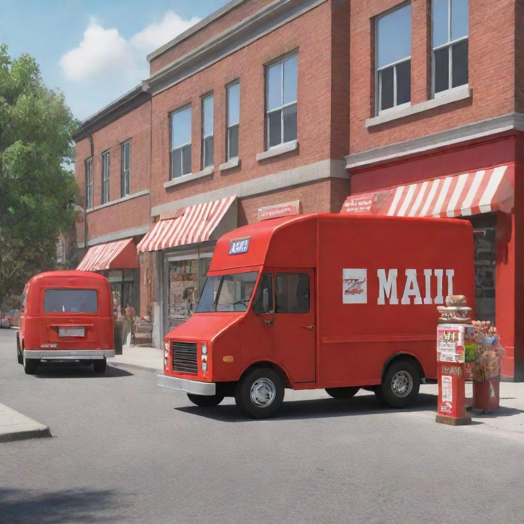 Modify the 3D cartoon-style image, replacing the mail van in the middle of the street with a red mail truck. Retain the two candy store kiosks, one farther than the other, both manned by two men with a box.